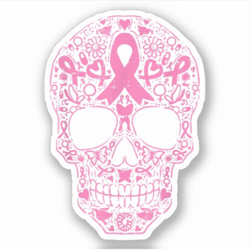 Sugar Skull Pink Ribbon Breast Cancer Awareness Sticker