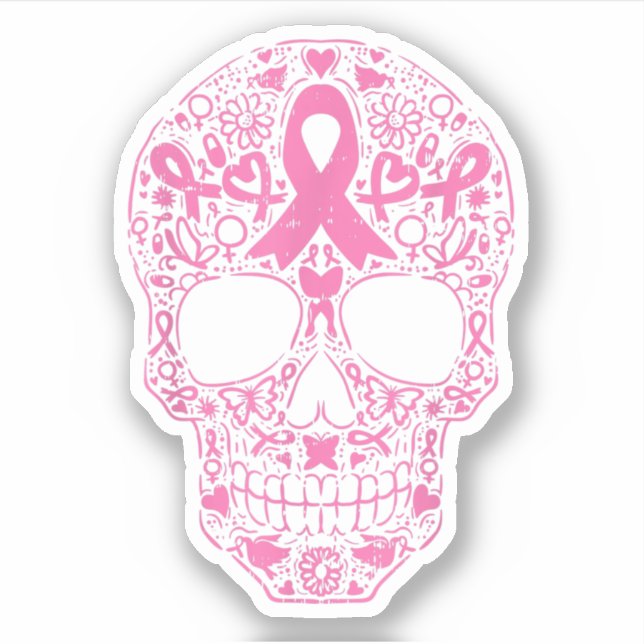 Sugar Skull Pink Ribbon Breast Cancer Awareness Sticker (Front)
