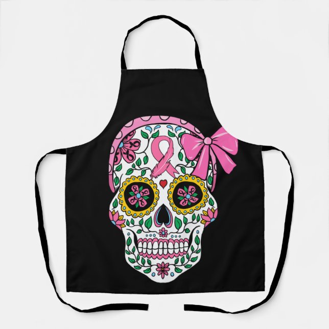 Sugar Skull Pink Ribbon Calavera Breast Cancer Apron (Front)