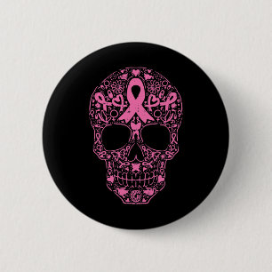 Sugar Skull Pink Ribbon Calavera Breast Cancer Awa Button