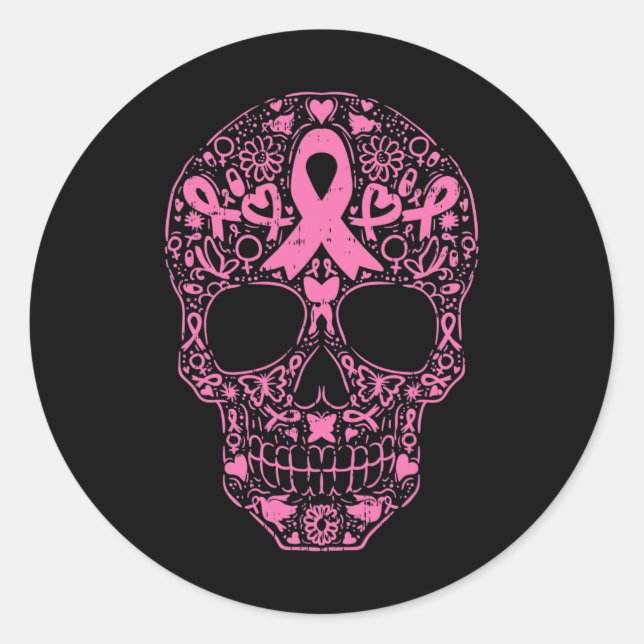 Sugar Skull Pink Ribbon Calavera Breast Cancer Awa Classic Round Sticker (Front)