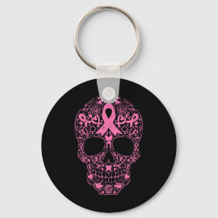 Sugar Skull Pink Ribbon Calavera Breast Cancer Awa Keychain