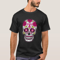 Sugar Skull Pink Ribbon Calavera Breast Cancer Awa T-Shirt