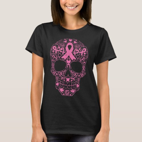Sugar Skull Pink Ribbon Calavera Breast Cancer Awa T_Shirt