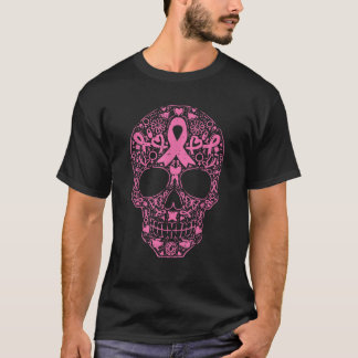 Sugar Skull Pink Ribbon Calavera Breast Cancer Awa T-Shirt