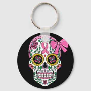 Sugar Skull Pink Ribbon Calavera Breast Cancer Keychain