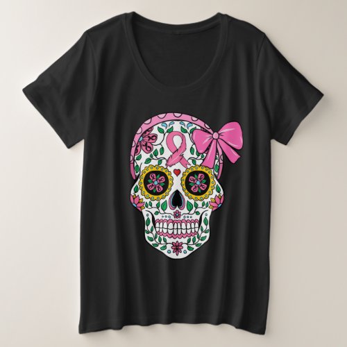 Sugar Skull Pink Ribbon Calavera Breast Cancer Plus Size T_Shirt