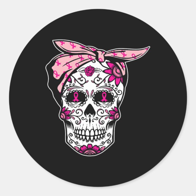Sugar Skull Pink Ribbon Cool Breast Cancer Awarene Classic Round Sticker (Front)