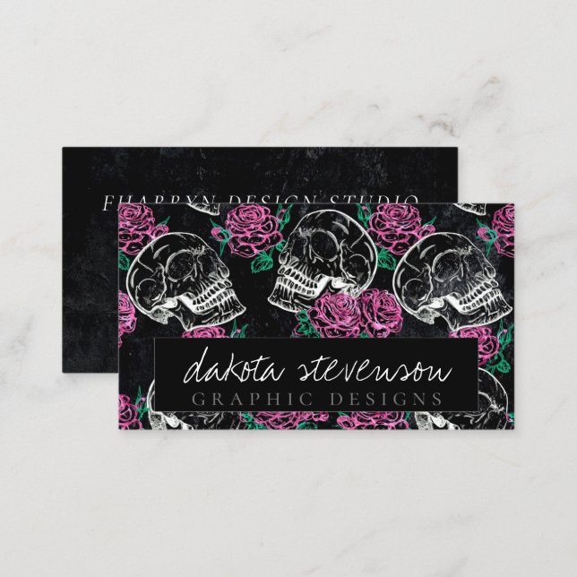Sugar Skull Pink Roses | Girly Gothic Grunge Glam Business Card (Front/Back)