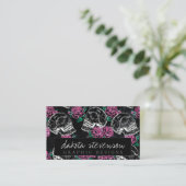 Sugar Skull Pink Roses | Girly Gothic Grunge Glam Business Card (Standing Front)