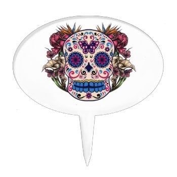 Sugar Skull Pink Roses Multi Colored Flowers Cake Topper by TattooSugarSkulls at Zazzle