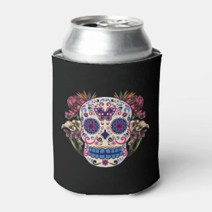 Sugar Skull Pink Roses Multi Colored Flowers Can Cooler