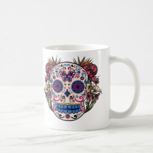 Sugar Skull Pink Roses Multi Colored Flowers Coffee Mug