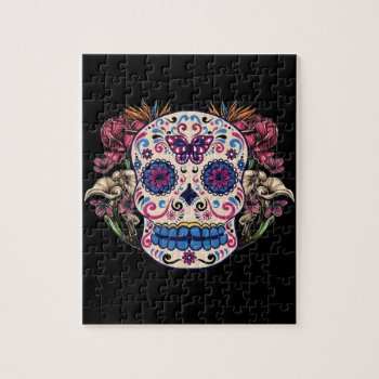 Sugar Skull Pink Roses Multi Colored Flowers Jigsaw Puzzle by TattooSugarSkulls at Zazzle