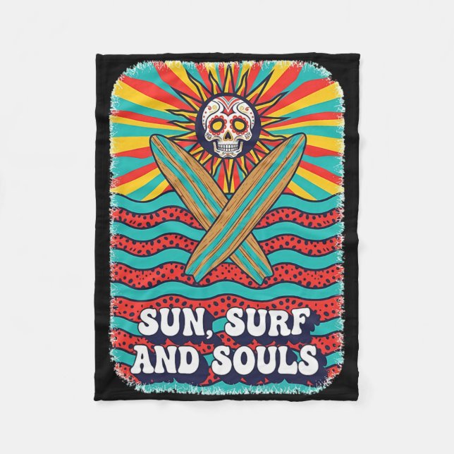 Sugar Skull Psychedelic Sun Retro Surf Ocean Waves Fleece Blanket (Front)