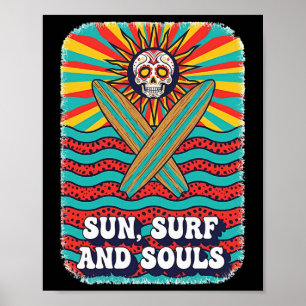 Sugar Skull Psychedelic Sun Retro Surf Ocean Waves Poster