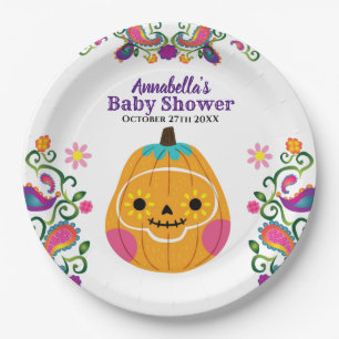 Sugar Skull Pumpkin & Paisley Pattern Baby Shower Paper Plates