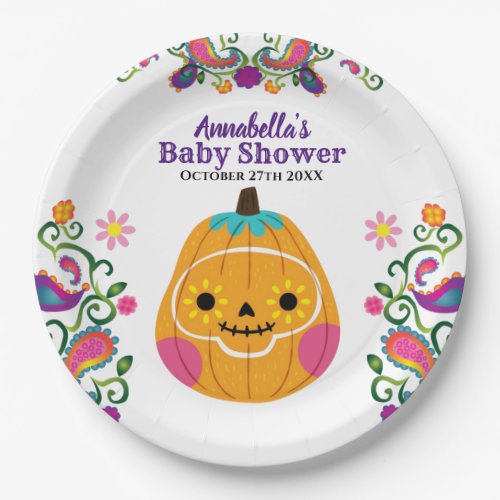 Sugar Skull Pumpkin  Paisley Pattern Baby Shower  Paper Plates
