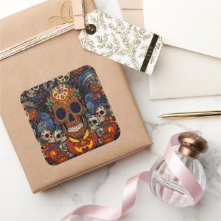 Sugar Skull Pumpkins Fiesta, Calavera Square Sticker