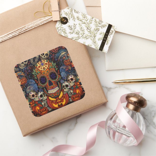 Sugar Skull Pumpkins Fiesta, Calavera  Square Sticker (Gifting)