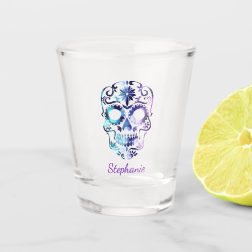 Sugar Skull Purple and Blue Ombre Personalized Shot Glass
