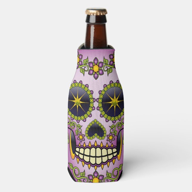 Sugar Skull Purple Floral Bottle Cooler (Bottle Front)