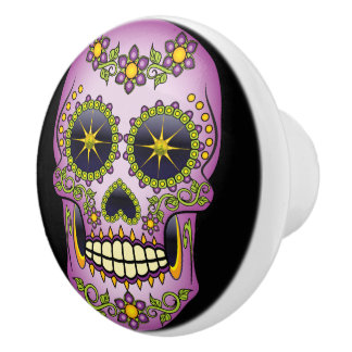 Sugar Skull Purple Floral Ceramic Knob