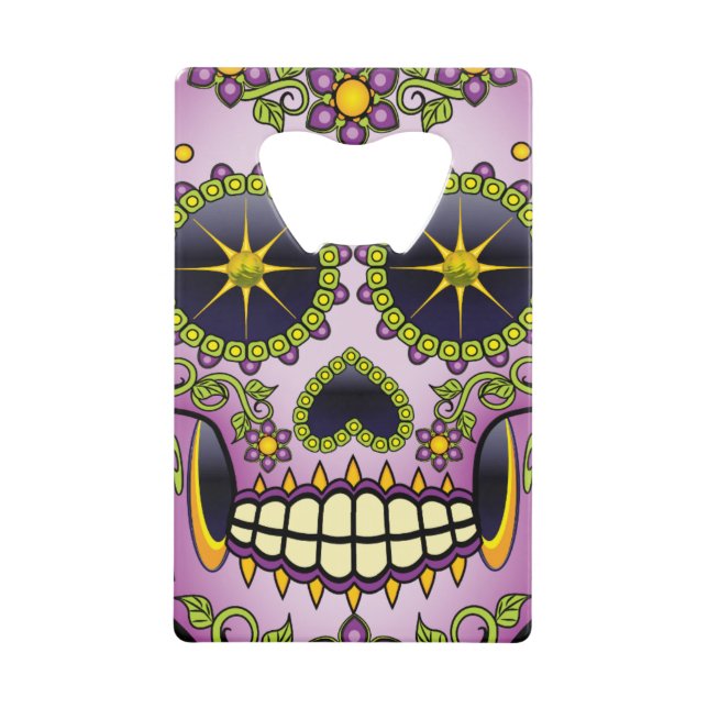 Sugar Skull Purple Floral Credit Card Bottle Opener (Front)