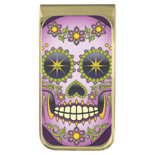 Sugar Skull Purple Floral Gold Finish Money Clip