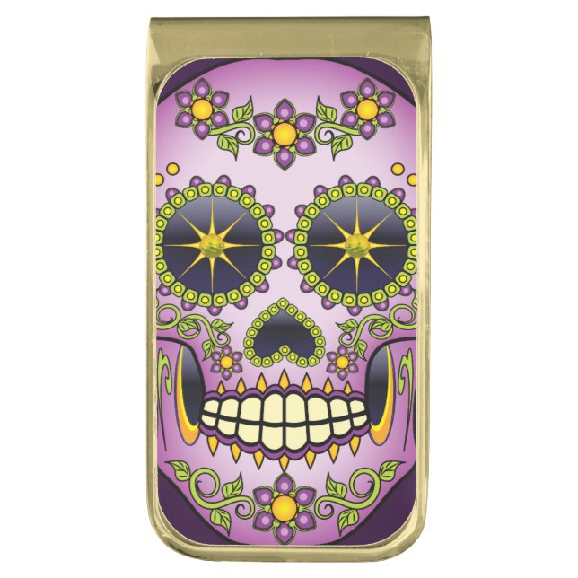Sugar Skull Purple Floral Gold Finish Money Clip (Front Vertical)