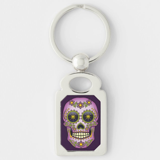 Sugar Skull Purple Floral Keychain (Front)