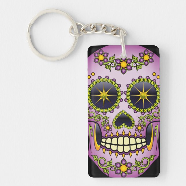 Sugar Skull Purple Floral Keychain (Front)