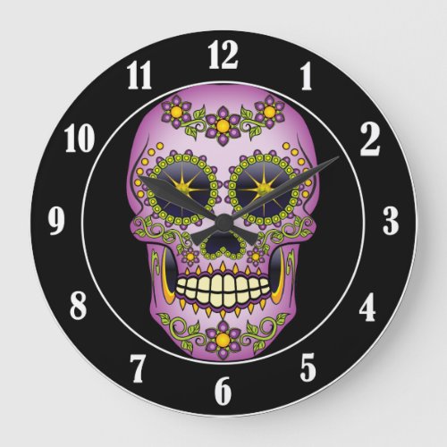 Sugar Skull Purple Floral Large Clock