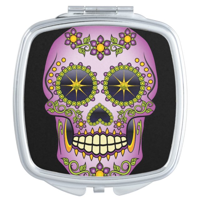Sugar Skull Purple Floral Mirror For Makeup (Front)