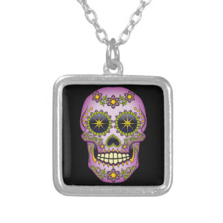 Sugar Skull Purple Floral Silver Plated Necklace
