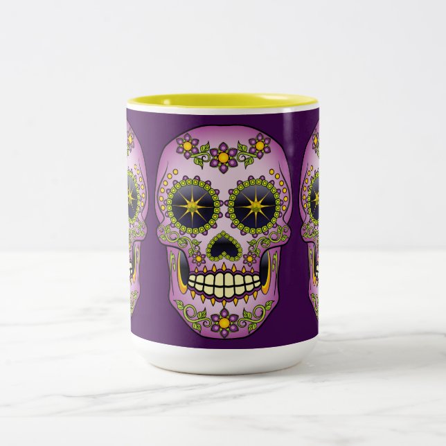 Sugar Skull Purple Floral Two-Tone Coffee Mug (Center)