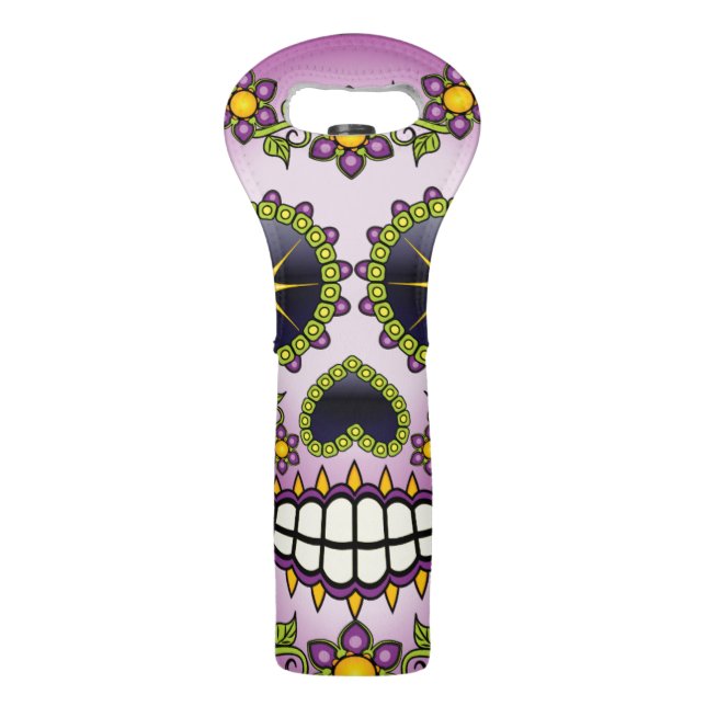 Sugar Skull Purple Floral Wine Bag (Front)