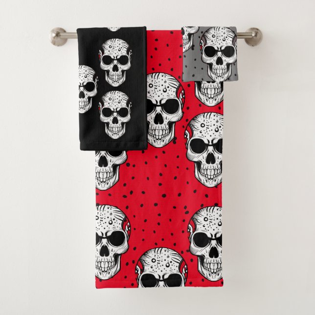 Sugar Skull Red Black Gothic Day of the Dead Bath  Bath Towel Set (Insitu)