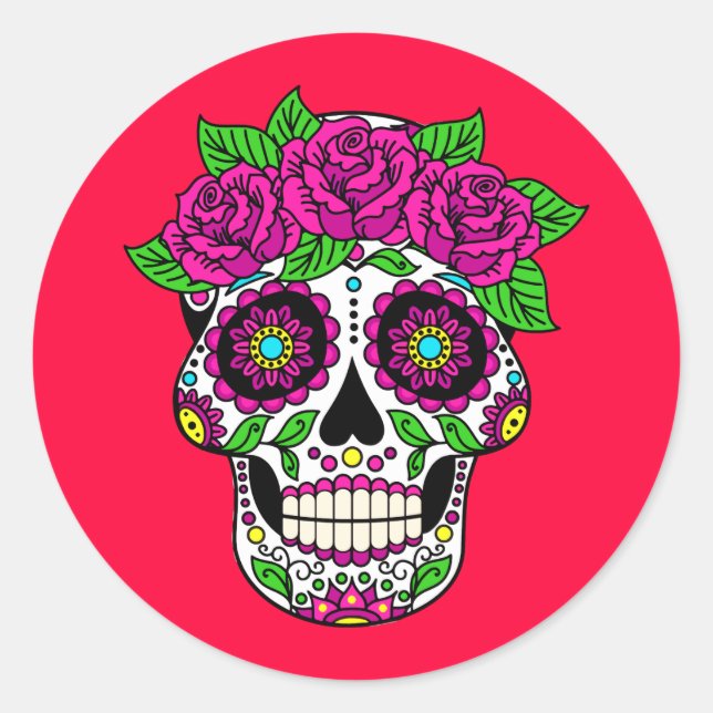 Sugar Skull Red Checker-Day of The Dead Classic Round Sticker (Front)
