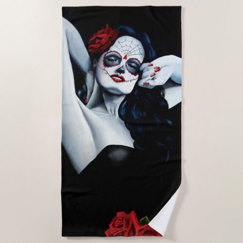 Sugar Skull Red Roses Black Beach Towel