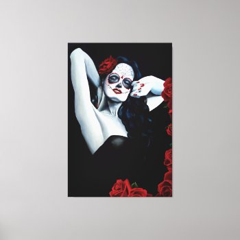 Sugar Skull Red Roses Black Canvas Print by tigressdragon at Zazzle