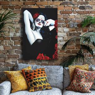 Sugar Skull Red Roses Black Canvas Print