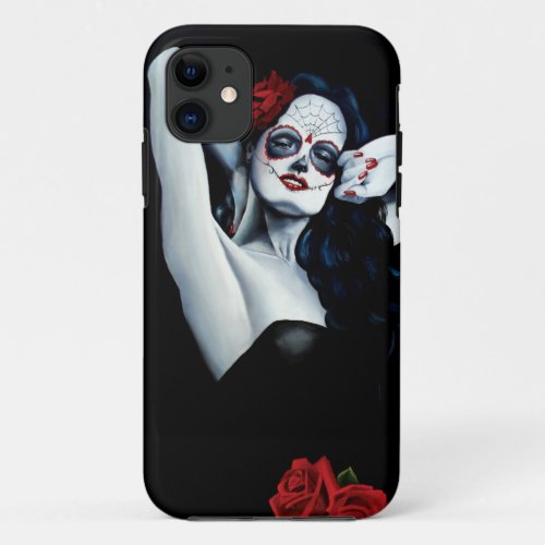 Sugar Skull Red Roses Black iPhone 11 Case