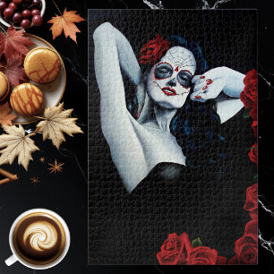 Sugar Skull Red Roses Black Jigsaw Puzzle