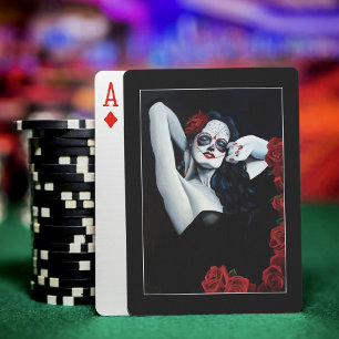 Sugar Skull Red Roses Black Poker Cards