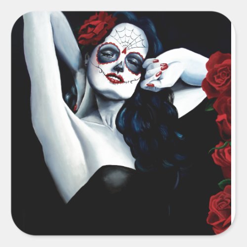 Sugar Skull Red Roses Black Square Sticker