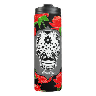 Sugar Skull & Red Roses Dia De Los Muertos Thermal Tumbler