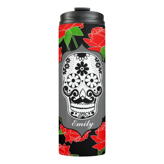 Sugar Skull & Red Roses Dia De Los Muertos Thermal Tumbler (Front)
