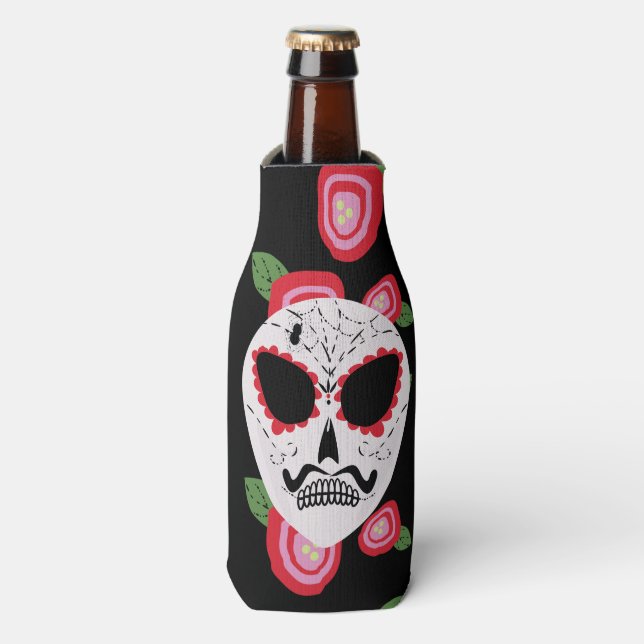 Sugar Skull Red Roses Mustache Skeleton Bottle Cooler (Bottle Front)
