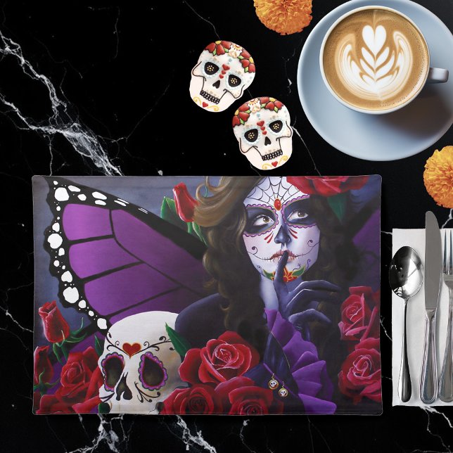 Sugar Skull Red Roses Purple Cloth Placemat (Creator Uploaded)
